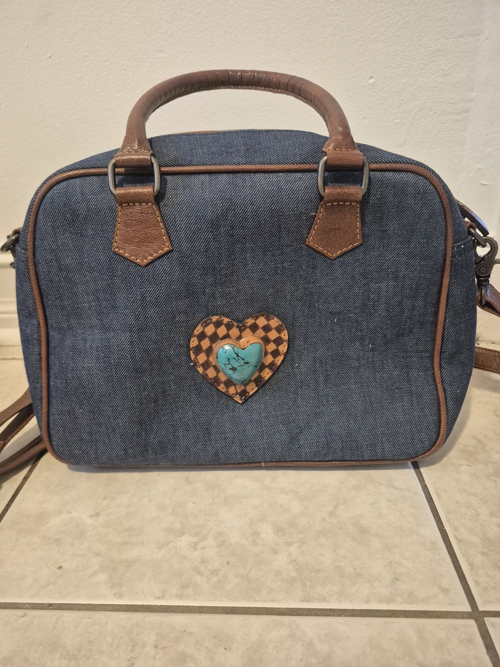 Denim Crossbody Satchel with Turquoise Heart Accent